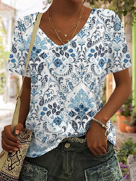 

Ethnic Casual V Neck Short sleeve T-Shirt, Blue, T-Shirts
