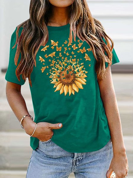 

Crew Neck Loose Sunflower And Butterfly T-Shirt, Green, Tops