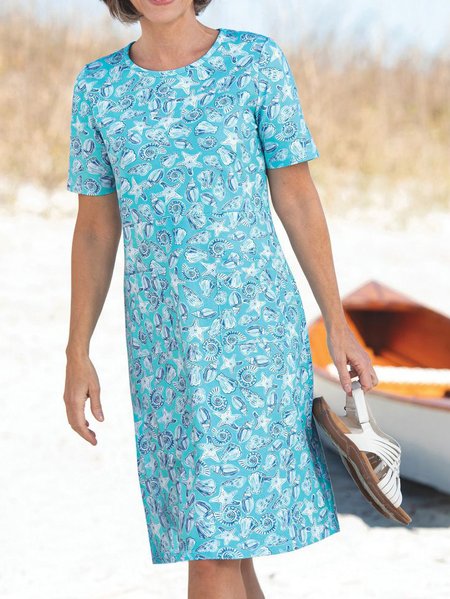 

Marine Life Crew Neck Casual Dresses, Blue, Mini Dresses