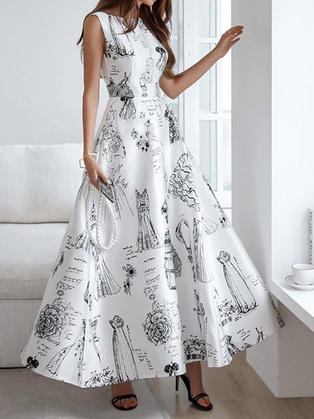 

Floral Crew Neck Elegant Maxi Dress, White, Maxi Dresses