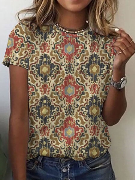 

JFN Crew Neck Ethnic Floral Design Knit Short Sleeve T-Shirt/Tee, Multicolor, T-Shirts