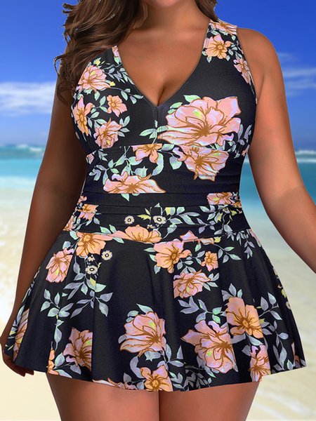 

JFN Conservative Cover Belly Tie Split Print Skirt Tankini Swimsuit Boxer Swim Shorts Plus Size, Color1, swimwear>>Tankinis