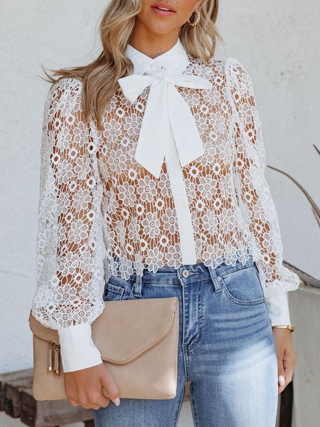 

Lace Elegant Eyelet Shawl Collar Blouse, White, Blouses and Shirts