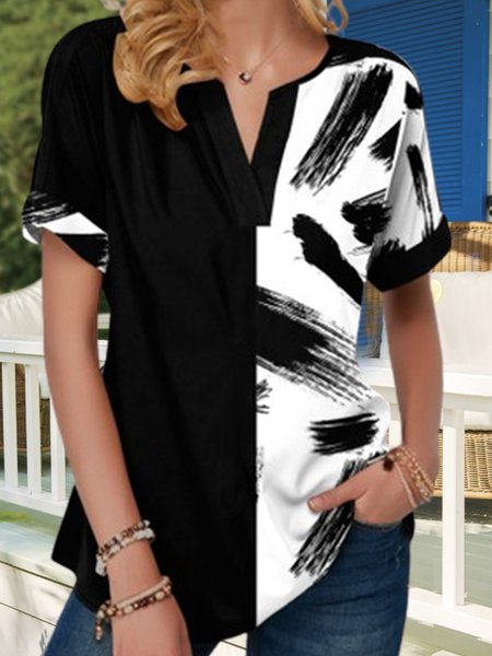 

Casual Geometric Loose V Neck Blouse, Black, Shirts & Blouses
