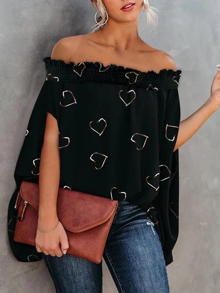 

Casual Heart/Cordate Loosen Daily Top, Black, Tops