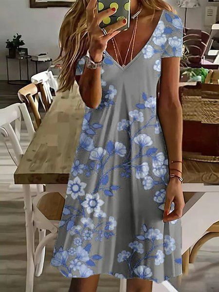 

V Neck Floral Dresses, Grey-blue, Dresses