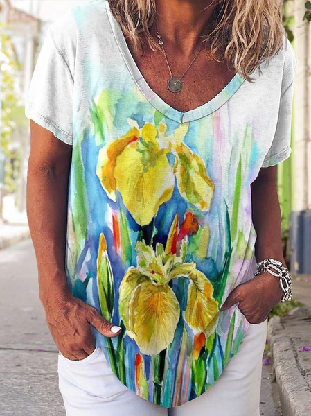 

Casual Abstract Floral Print V-Neck T-Shirt, As picture, T-shirts