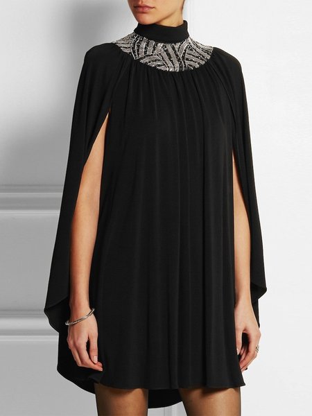 

Turtleneck Elegant Plain Fit Mini Dress, Black, Mini Dresses
