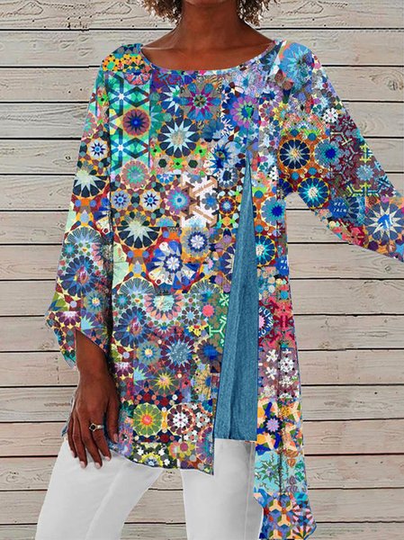 

Crew Neck Fit Ethnic Geometric Tops, Blue, Shirts & Blouses