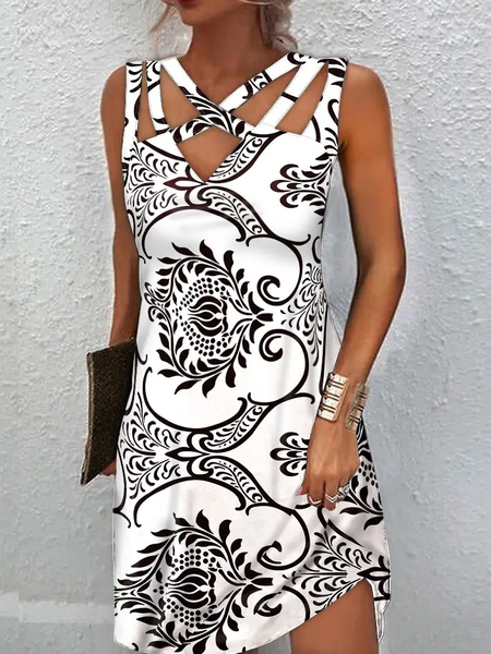 

Tribal Print Crisscross Design Casual Prom Dress, White, Dresses
