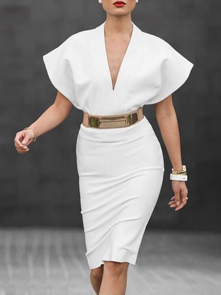 

Summer Daily Short sleeve V Neck Urban White Dress, Midi Dresses