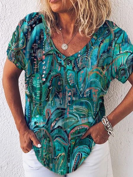 

V Neck Casual Geometric Short sleeve T-Shirt, Green, T-Shirts