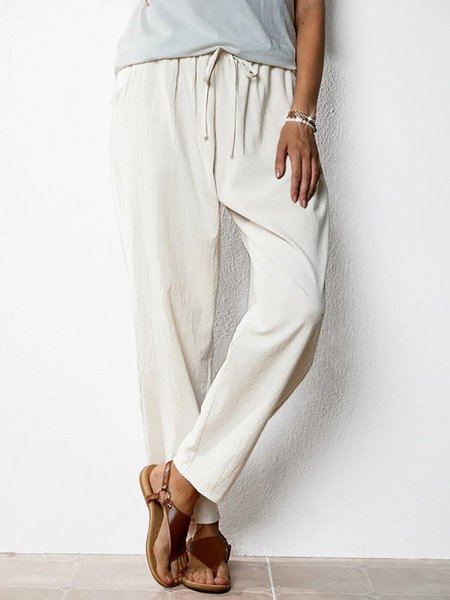 

Plain Cotton And Linen Elastic Drawstring Waist Casual Trousers, White, Pants