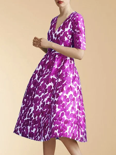 

Half sleeve V neck Daily Painting Elegant Dress, Rose red, Midi Dresses