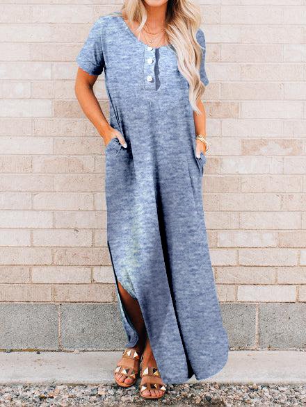 

V Neck Cotton-Blend Dresses, Blue, Maxi Dresses