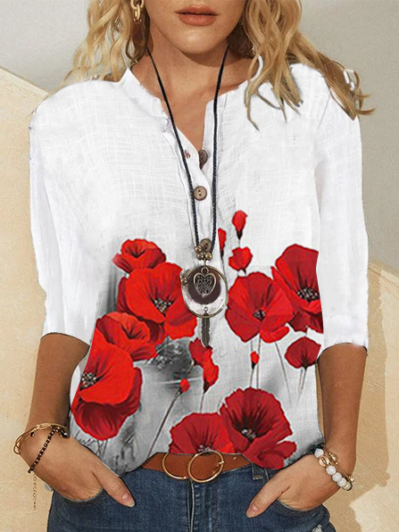 

Floral V Neck Loose Blouse, White, Shirts & Blouses