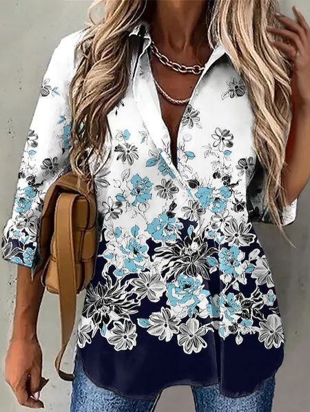

Floral Shawl Collar Casual Blouse, White, Shirts & Blouses