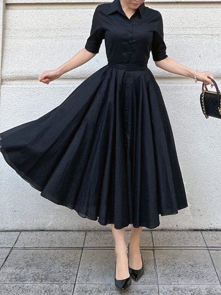 

Shirt Collar Elegant Half sleeve Woven Dress, Black, Maxi Dresses