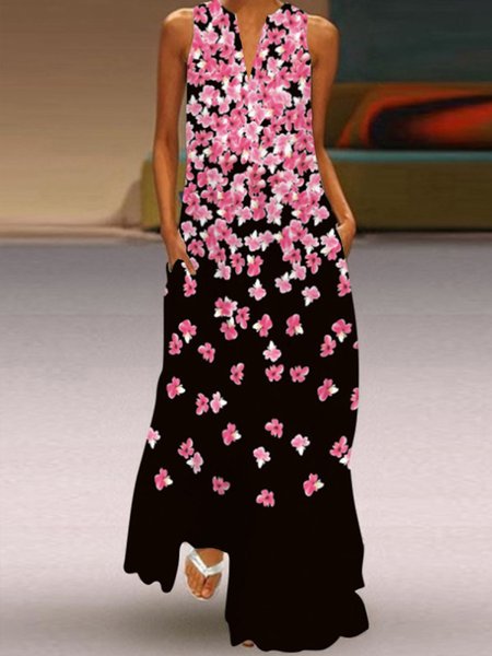 Daily Long A-Line V Neck Butterfly Loose Dress, Black, Maxi Dresses