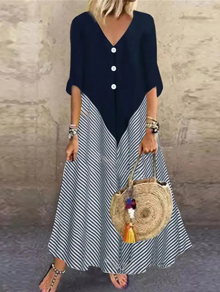 

Loose Vintage Striped Print V-Neck Half-Sleeve Maxi Dress, Dark blue, Dresses