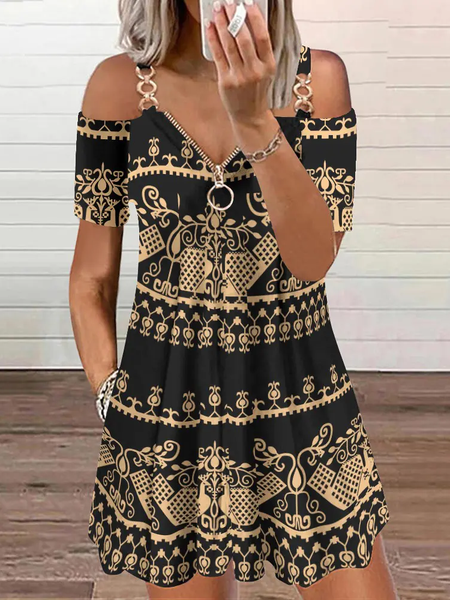 

Ethnic V Neck Casual Dresses, Black, Dresses