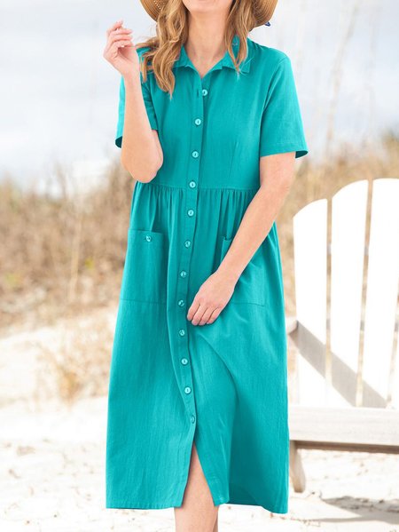

Polo Collar Casual Plain Dresses, Lightgreen, Midi Dresses