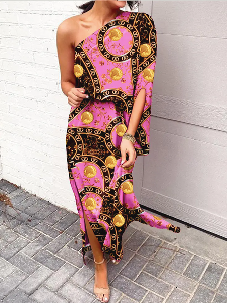 

Summer Elastic waist Short sleeve Asymmetrical Neck Tribal Dresses, Red, Maxi Dresses