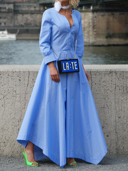 

Summer X-Line No Elasticity Long sleeve Crew Neck Daily Dresses, Blue, Maxi Dresses