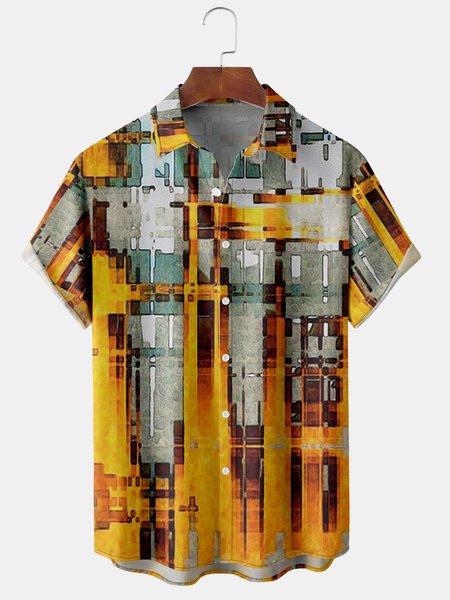 

Men's Art Stripe Casual Short Sleeve Hawaiian Shirt with Chest Pocket, Yellow, Men's Floral shirt