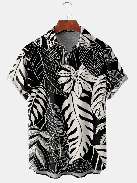 

Men's Botanical Print Casual Short Sleeve Hawaiian Shirt with Chest Pocket, Black, Men's Floral shirt