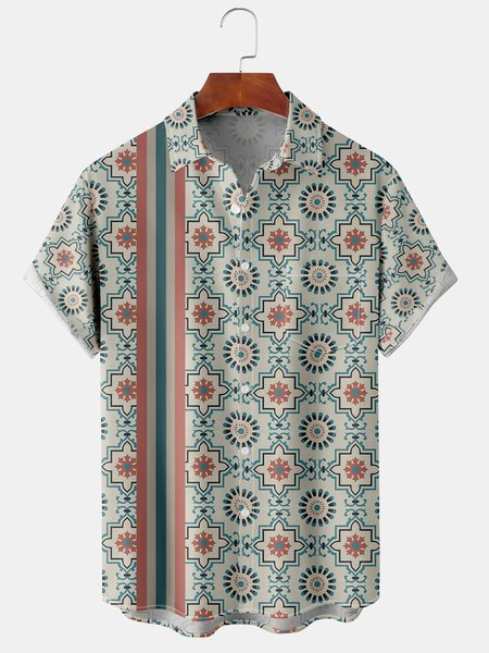 

Men's Ethnic Striped Casual Short Sleeve Hawaiian Shirt with Chest Pocket, Green, Men's Floral shirt