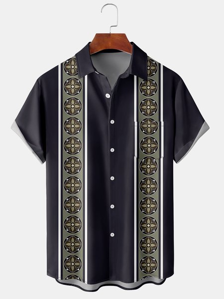 

Men's Ethnic Striped Casual Short Sleeve Hawaiian Shirt with Chest Pocket, Black, Men's Floral shirt