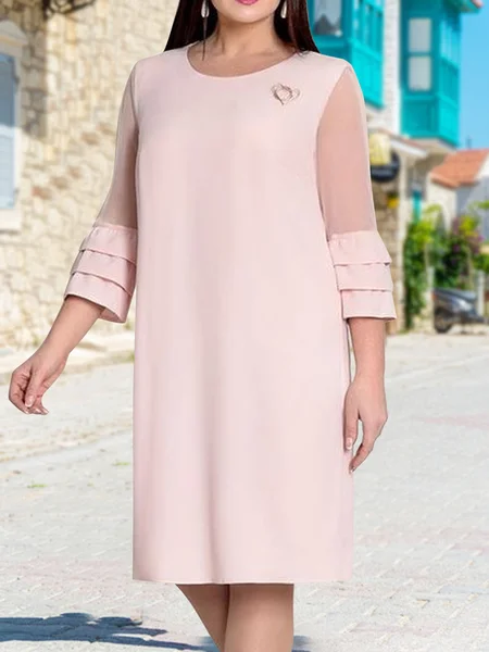 

Ruffle mesh loose fit elastic elegant midi Prom Dress, Pink, Dresses