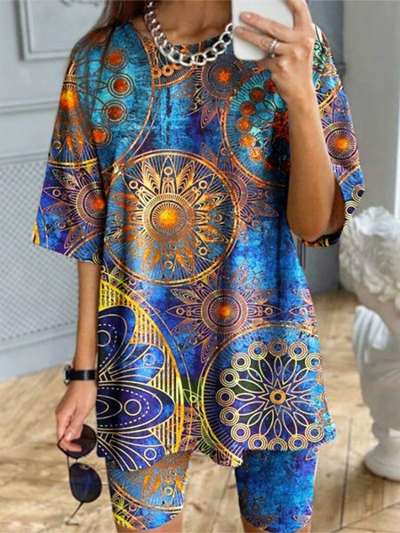 

Casual Crew Neck Ethnic Loose Two Piece Sets, Dark blue, Suit Set