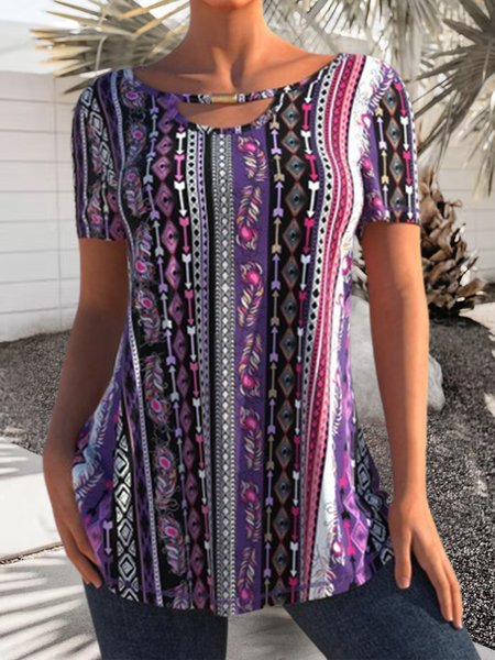 

Vintage Crew Neck Ethnic T-Shirt, Purple, T-Shirts