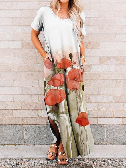 

V Neck Loose Floral Dresses, White, Dresses