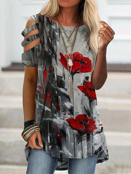 

Floral Casual Cotton-Blend T-Shirt, Gray, Tops