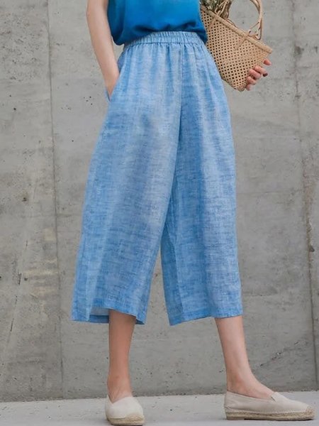 

Cotton hemp elastic waist pocket loose Floral Fabric wide leg pants Cropped Pants Plus Size, Blue, Pants
