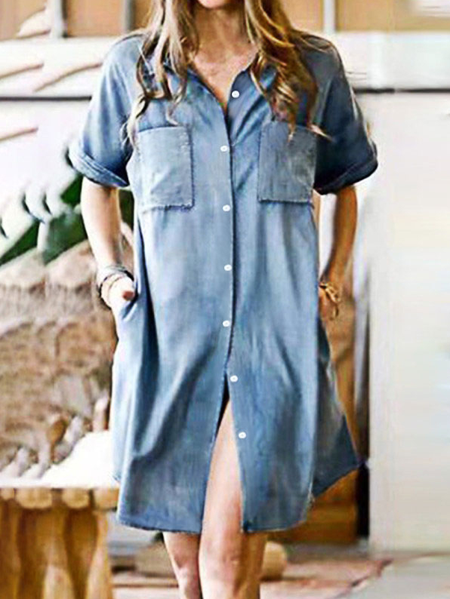 

Casual Denim Pocket Short Sleeve Dress, Blue, Dresses