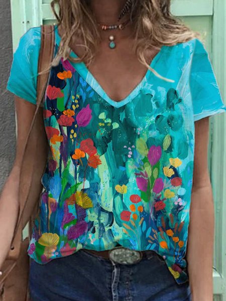 

Casual Abstract Geometric Pattern Batwing Sleeve Short sleeve T-Shirt, Multicolor, T-Shirts