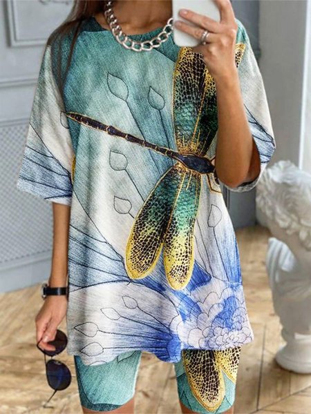 

Animal Crew Neck Off Shoulder Sleeve Two Piece Sets, Blue, Suit Set