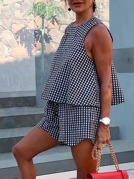 

Plaid Loose Crew Neck Two Piece Set, Black-white, Dress&Skirts Set