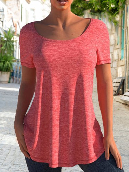 

Crew Neck Loose Plain T-Shirt, Red, Tops