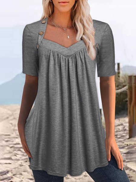 

Casual Short-sleeved Knitted Top With Heart-shaped Collar And Buttons, Deep gray, Shirts & Blouses
