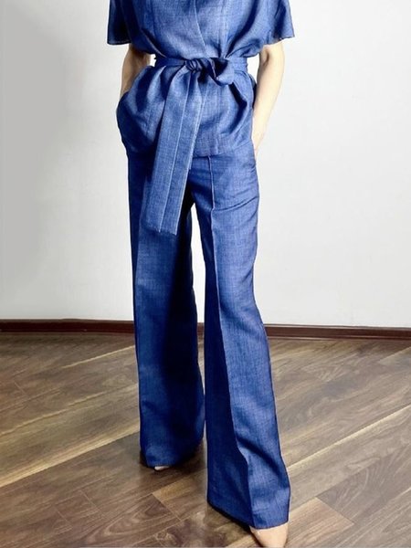 

Long High Waist Daily Urban Fit Fashion Pants, Blue, Wide Leg Pants