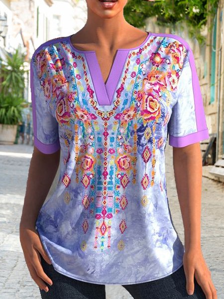 

V Neck Ethnic Short Sleeve Tops, Purple, Shirts & Blouses