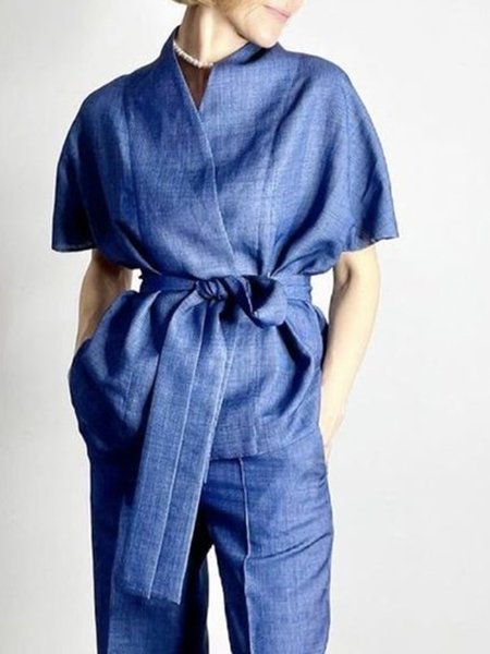 

Short sleeve Daily Cross Neck Elegant Vest, Blue, Blazers