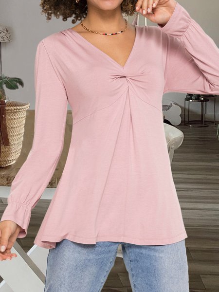 

Plain Casual Fit Cotton-Blend V neck Tops, Pink, T-Shirts