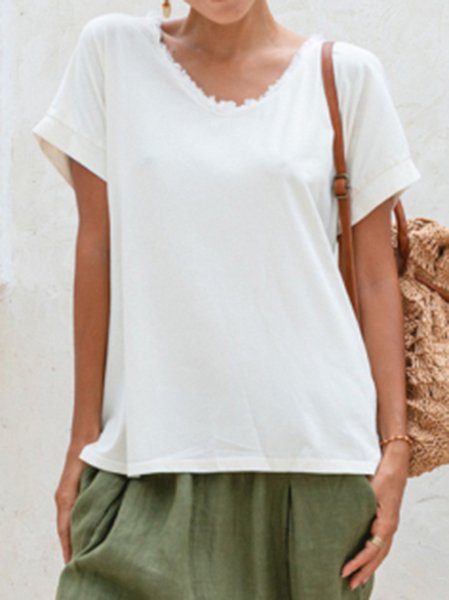 

Cotton-Blend Casual Plain T-Shirt, White, T-Shirts