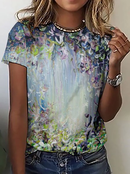 

Casual Abstract Art Print Crew Neck T-Shirt, As picture, T-shirts